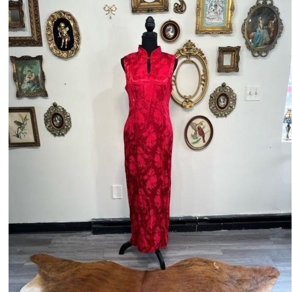Vintage All That Jazz Y2K Red Jacquard Cheongsam Maxi Dress Size 13/14